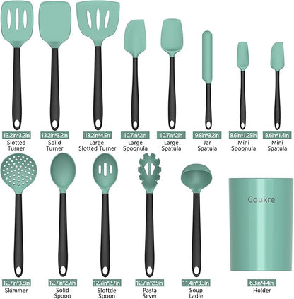 Coukre Silicone Kitchen Cooking Utensils Set with Holder – Heat-Resistant, Food-Grade Kitchen Tools, Spatula, Spoon & Gadgets for Non-Stick Pans, Dishwasher Safe (14, AquaGreen) - Image 2