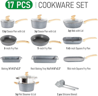 MAISON ARTS 17 Piece Pots and Pans Set Non Stick, Kitchen Cookware Sets with Nonstick Granite Stone Coating, Suitable for Induction Cooktops, Grey - Image 9