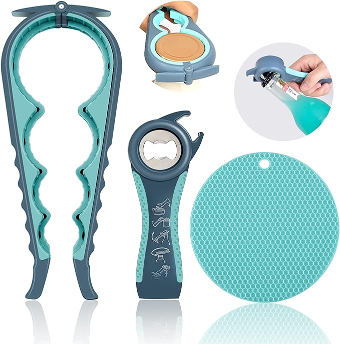Jar Opener for Weak Hands, Seniors with Arthritis, 5 in 1 Multi Function Bottle Opener Lid Opener For Arthritic Hands with Non Slip Rubber Jar opener Gripper Pad(blue) by HUMANFUN