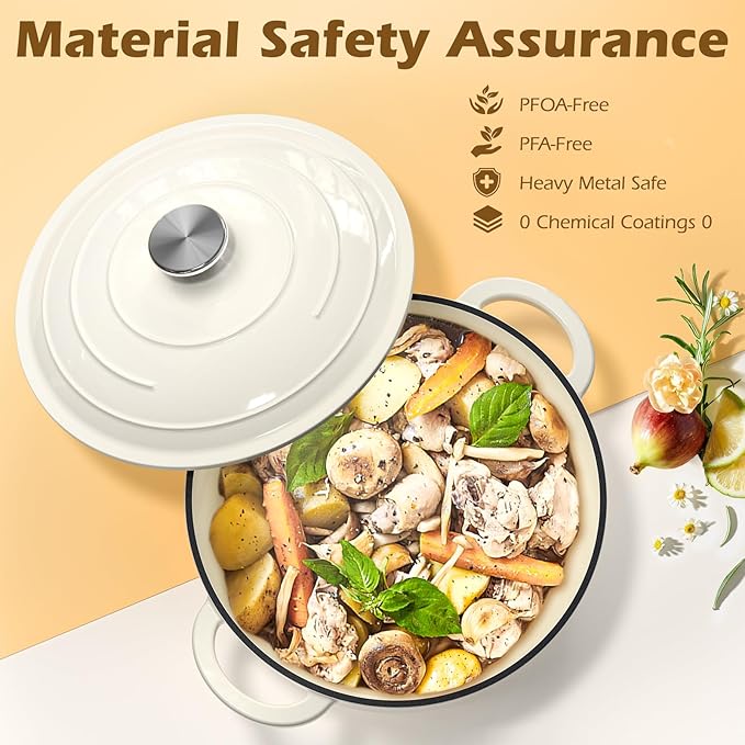 Umite Chef Enameled Cast Iron Dutch Oven-7QT Pot with Lid Cookbook & Cotton, Heavy-Duty Cookware for for Bread Baking, Braising, Stews, Marinate, Cook(Cream White) - Image 6