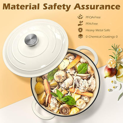 Umite Chef Enameled Cast Iron Dutch Oven-7QT Pot with Lid Cookbook & Cotton, Heavy-Duty Cookware for for Bread Baking, Braising, Stews, Marinate, Cook(Cream White) - Image 6