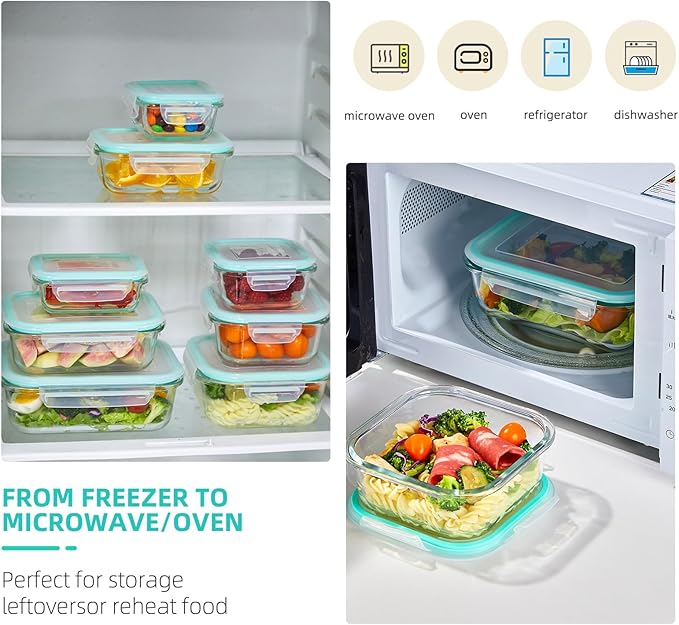 Liuruiyu 8 Pack Glass Food Storage Containers with Lids, Meal Prep Containers, Airtight Bento Boxes with Leak Proof Locking for Microwave, Oven, Freezer and Dishwasher, BPA Free（5oz to 36oz） - Image 3