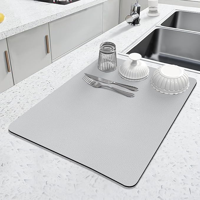 LOPNUR Kitchen Dish Drying Mat, 18"x16" Small Dish Drying Mats for Kitchen Counter, Diatomite Coffee Mat, Super Absorbent Dish Drying Pad, Heat Resistant Mat with Anti-slip Rubber Backed, Light Grey by LOPNUR