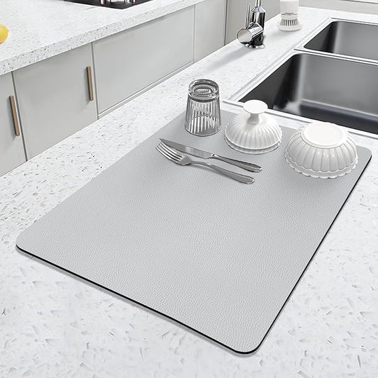 LOPNUR Kitchen Dish Drying Mat, 18"x16" Small Dish Drying Mats for Kitchen Counter, Diatomite Coffee Mat, Super Absorbent Dish Drying Pad, Heat Resistant Mat with Anti-slip Rubber Backed, Light Grey by LOPNUR