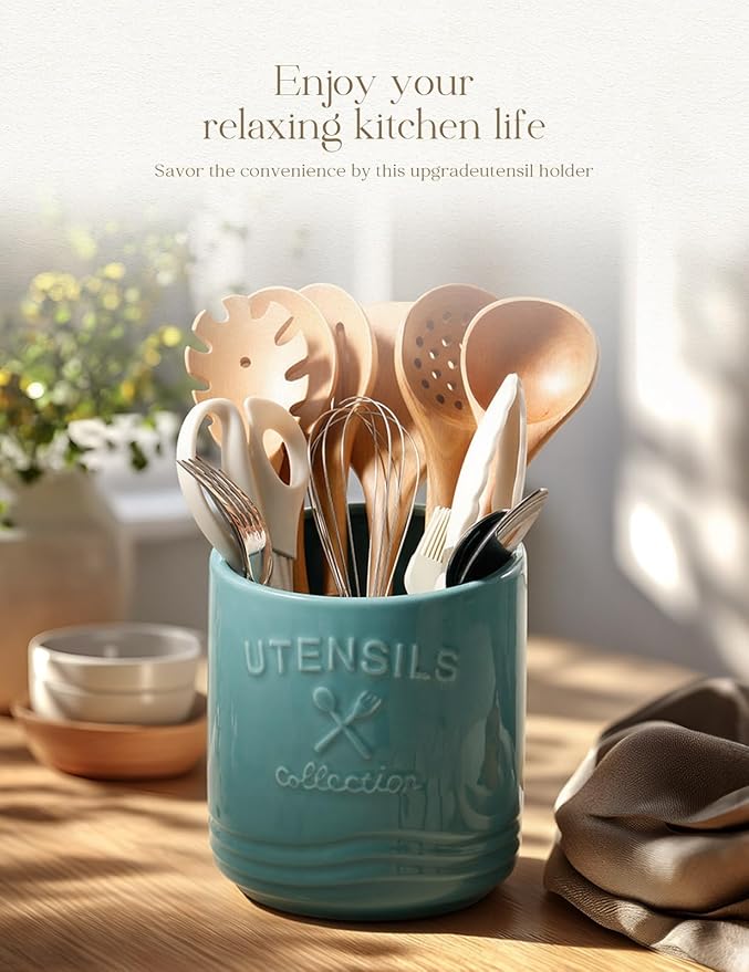 AISBUGUR Large Ceramic Utensil Holder 7.5" H×6.3" W with Slanted Mouth - Utensil Crock with Non-Slip Cork Base for Kitchen Counter, Ideal for Decor & Gift,Blue - Image 2