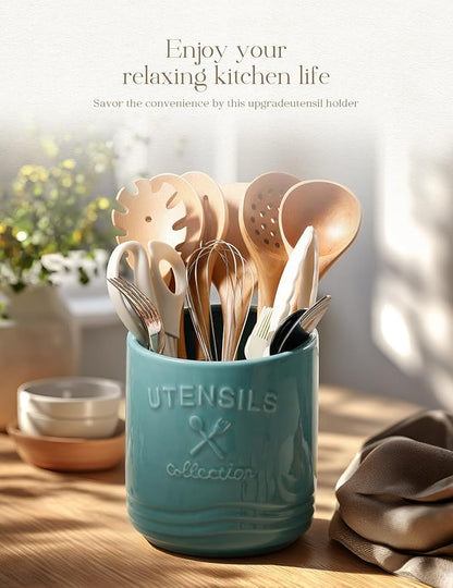 AISBUGUR Large Ceramic Utensil Holder 7.5" H×6.3" W with Slanted Mouth - Utensil Crock with Non-Slip Cork Base for Kitchen Counter, Ideal for Decor & Gift,Blue - Image 2