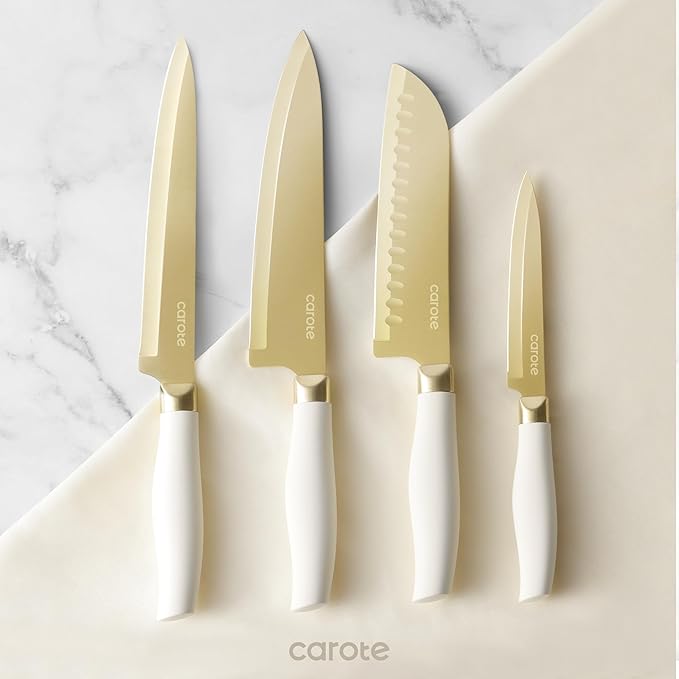 CAROTE 12PCS Kitchen Knife Set, Healthy Gold Titanium Coating Knife Set, Dishwasher Safe with 6 Blade Guards, Rustproof Stainless Steel Cutlery Set, White and Gold - Image 8