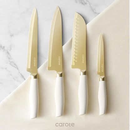 CAROTE 12PCS Kitchen Knife Set, Healthy Gold Titanium Coating Knife Set, Dishwasher Safe with 6 Blade Guards, Rustproof Stainless Steel Cutlery Set, White and Gold - Image 8