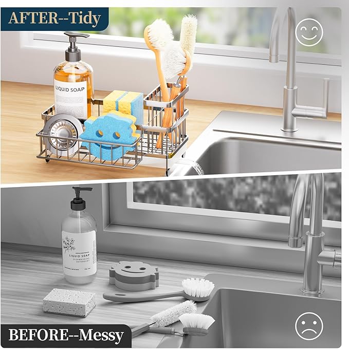 Consumest Sponge Holder for Kitchen Sink - Auto Draining Sink Caddy Organizer with Detachable Rack, High Brush Holder, Kitchen Countertop Storage Accessories, Silver - Image 7