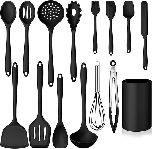 Silicone Cooking Utensil Set, Homikit 15pcs Kitchen Utensils with Holder for Nonstick Cookware, Heat Resistant Nontoxic Silicone Spatula Set Dishwasher Safe Kitchen Tools for Baking-Black by Homikit