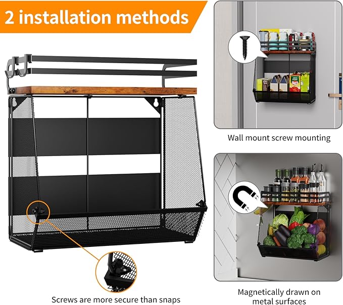 Magnetic Shelf for Fridge with Wood Lid - Magnetic Spice Rack for Refrigerator， Mesh Design Large Shelf Basket, Shelves for Kitchen Pantry Storage Organizer for Food Fruit Veg (1Pack)
