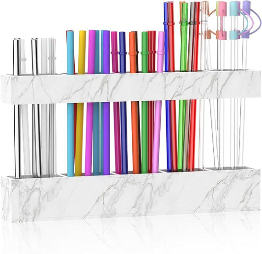 9.5” Large Acrylic Straw Holder for Cabinet Door, Reusable Adjustable Two-Part Straws Organizer with Ultra Sticky Adhesive Strips, 2026 Straw Storage for Kitchen Cupboard (Marble Color)