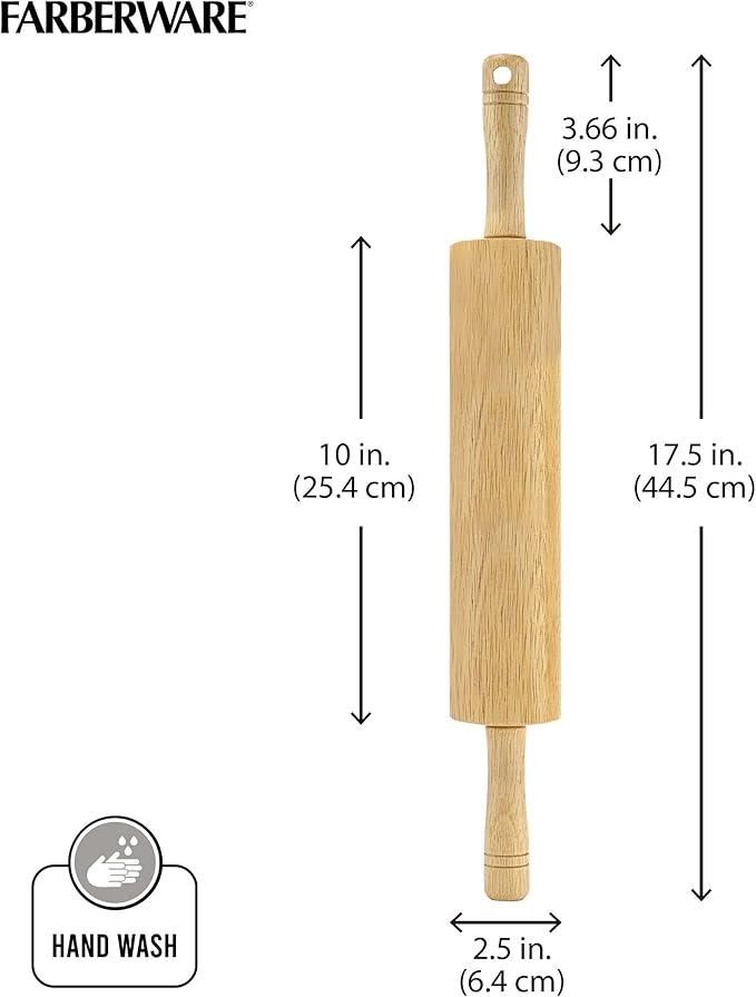 FARBERWARE Classic Wood Rolling Pin, 18-Inch Hardwood Dough Roller for Baking Pizza, Pies, Pastry and Cookies, Ergonomic Handles, Kitchen Essential - Image 5
