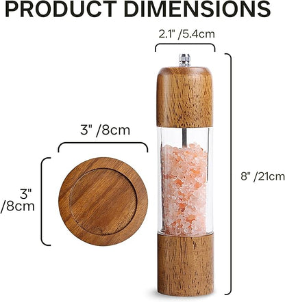 Wood Salt and Pepper Grinder, Salt Grinder and Pepper Mill, Oak Wood Shakers with Adjustable Ceramic Grinders (8″ - 1 Pack with Tray)