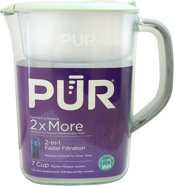 PUR 7-Cup Water Pitcher, 1 Genuine Filter, Cleaner, Great-tasting Water, Dishwasher Safe, Powerful, Faster Filtration, LockFit Cap Design - Lime by PUR