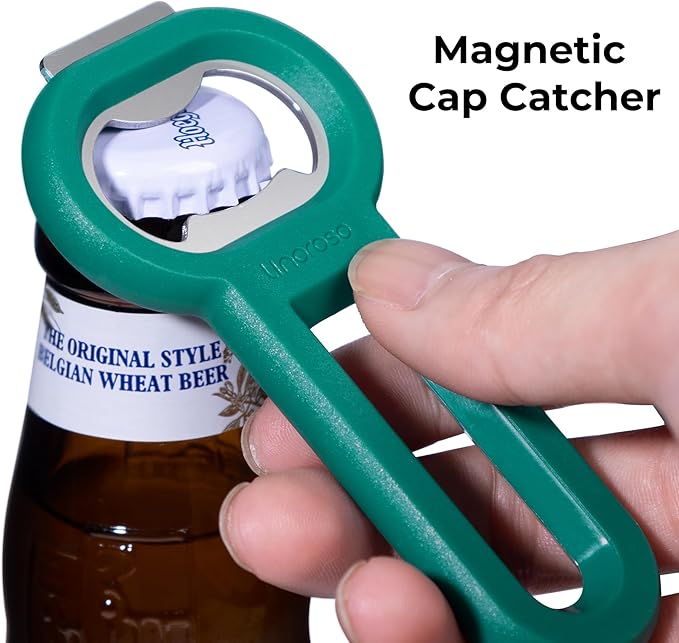 Linoroso Magnetic Bottle Opener Pop Can Opener for Refrigerator, Beer Bottle Opener and Soda Can Opener with Cap Catcher, Portable Beer Opener for Bartender, Home, Restaurant, Bar Tools, 1 Pack, Green
