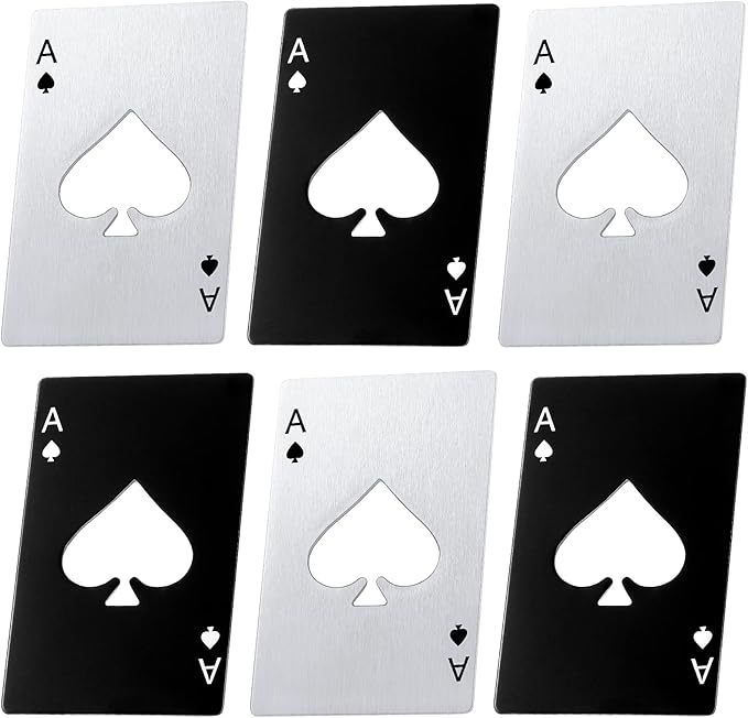 Chumia Poker Card Bottle Openers Stainless Steel Poker Card Beer Ace Bottle Cap Openers for Wedding Birthday Party Bridal Shower Table Tools Supplies(Silver, Black,6 Pieces)