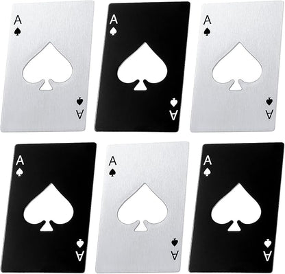 Chumia Poker Card Bottle Openers Stainless Steel Poker Card Beer Ace Bottle Cap Openers for Wedding Birthday Party Bridal Shower Table Tools Supplies(Silver, Black,6 Pieces)
