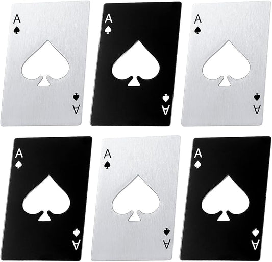 Chumia Poker Card Bottle Openers Stainless Steel Poker Card Beer Ace Bottle Cap Openers for Wedding Birthday Party Bridal Shower Table Tools Supplies(Silver, Black,6 Pieces)