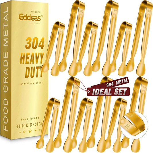 12PCS Mini Tongs For Serving, 2 Sizes 6 & 4 Inch Ice Tongs Mini Gold Sugar Stainless Steel Tong, Small Kitchen Tiny Food Tongs for Appetizers,Tea Party, Coffee Bar,Desserts & Ice Bucket by Eddeas