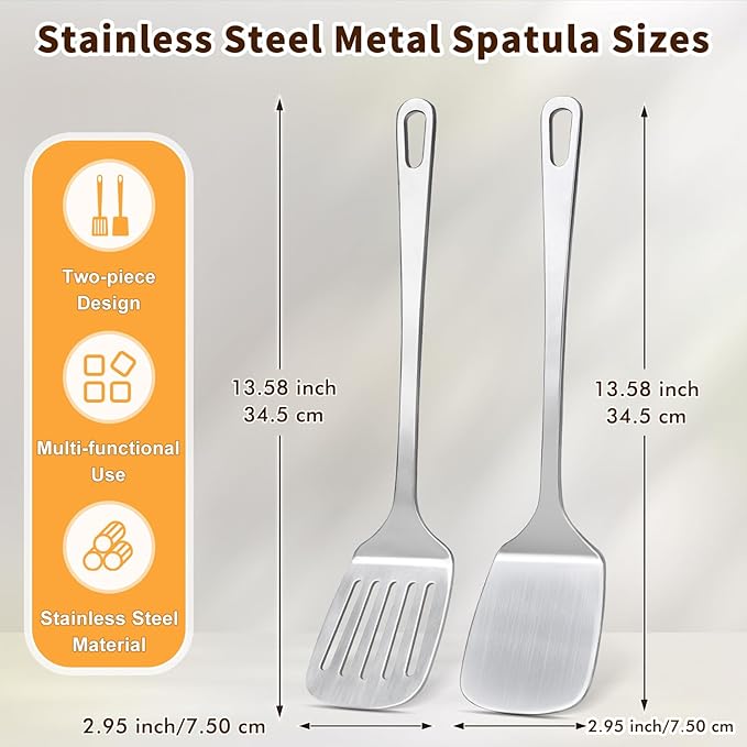 2 Pcs Stainless Steel Spatulas Set, Metal Spatula Solid & Slotted Turner, Heavy Duty Sturdy Spatula for Kitchen Use, High Heat Resistant Cooking Utensils for Fish Eggs Pancakes, Easy to Clean, Silver - Image 6
