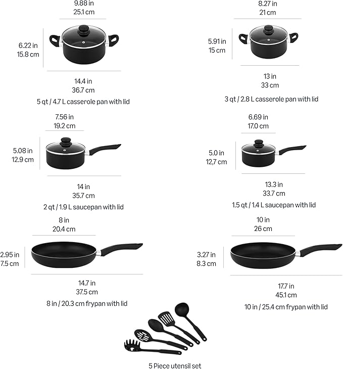 Amazon Basics Ceramic Non-Stick Cookware 15-Piece Set, Pots, Pans and Utensils, Black - Image 4