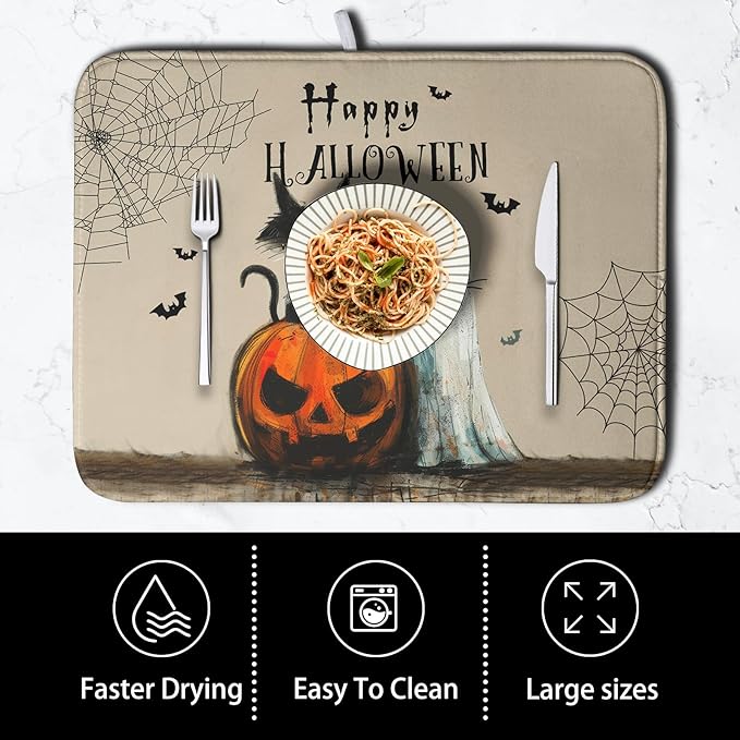 Happy Halloween Dish Drying Mat for Dishs 18x24 Inch Halloween Pumpkin Ghost Black Cat Kitchen Drying Mat Spooky Spiderweb Holiday Dish Drainer Mat Super Absorbent Dish Rack Pad for Coffee Bar Sinks - Image 4