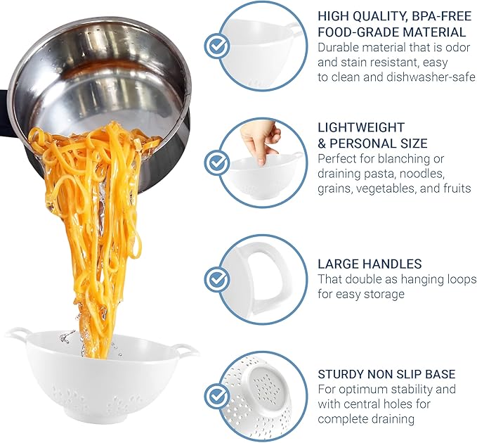 Meadow Lane 6-inch Small Colander, BPA-Free, Dishwasher Safe, Double Handles, Compact Food Strainer for Berries, Veggies and Pasta, 3-Cup Capacity, Smooth White - Image 4