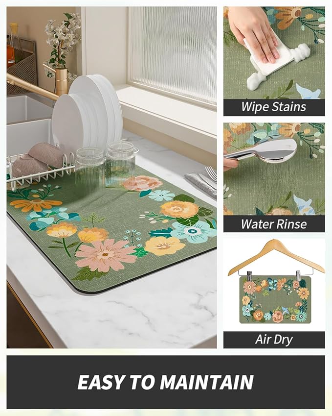AMOAMI Coffee Mat Hide Stain Rubber Backed Absorbent Dish Drying Mat for Kitchen Counter - Fits Under Coffee Maker - Floral GREEN 12X19 - Image 3