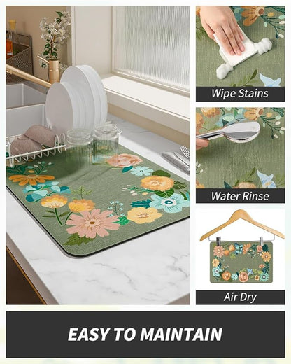 AMOAMI Coffee Mat Hide Stain Rubber Backed Absorbent Dish Drying Mat for Kitchen Counter - Fits Under Coffee Maker or Machine - Floral GREEN 17x31.5 - Image 3