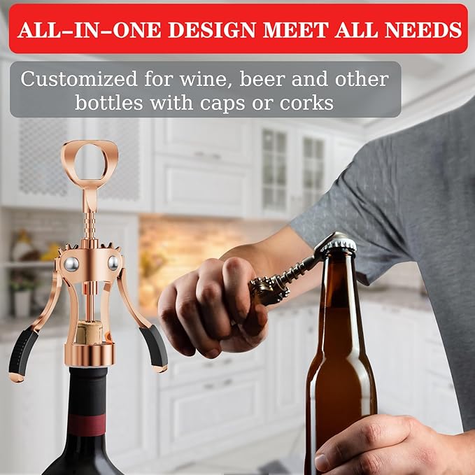KORCCI Wine Opener, Heavy-Duty Zinc Alloy Wing Corkscrew, Premium Beer Bottle Opener, Multifunctional Wine Accessories with Ergonomic Handle and Sharp Screw, for Kitchen, Bar, Restaurant (Rose Gold) - Image 4