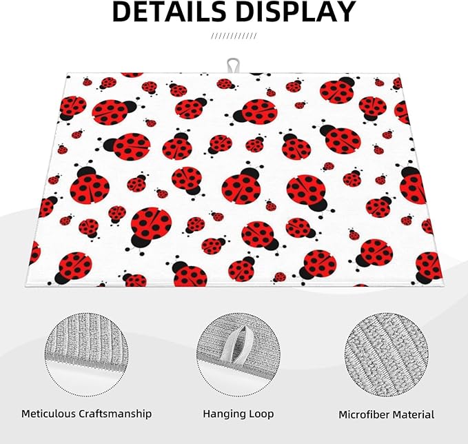 Red Ladybug Dish Drying Mat Cute Small Dots Fun Animal Themed Drying Rack Pad Countertop Dishes Ultra Absorbent Microfiber Kitchen Counter Mat 18x24 Inch