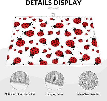 Red Ladybug Dish Drying Mat Cute Small Dots Fun Animal Themed Drying Rack Pad Countertop Dishes Ultra Absorbent Microfiber Kitchen Counter Mat 18x24 Inch