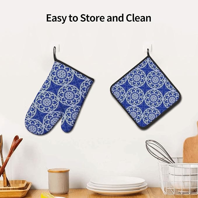 Chinoiserie Blue and White Floral Oven Mitts and Pot Holders Sets of 3, Heat Resistant Non-Slip Boho Kitchen Gloves for Baking Cooking Grilling, Navy Blue Hot Pads for Kitchen Decor, Gifts for Women - Image 5
