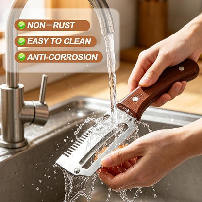 2 Pack 3-in-1 Multifunctional Vegetable Peeler with Wooden Handle - Potato Peeler with Julienne Slicer & Bottle Opener, Stainless Steel Blade, Right Handed Kitchen Tool