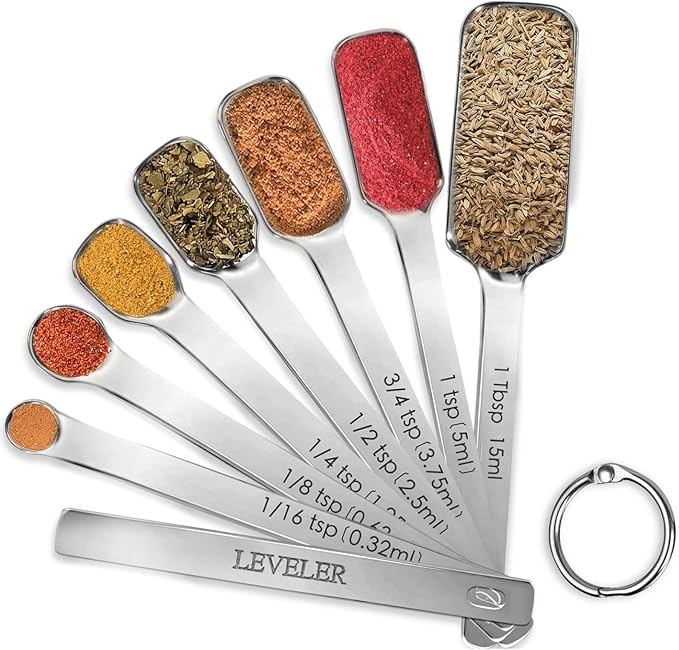 Stainless Steel Measuring Spoons Set of 8, Rectangular Metal Measuring Spoons with Leveler, Compact Spoons Design for Narrow Spice Jars, Teaspoon & Tablespoon Spoons for Dry & Liquid Ingredients by YUNNKEEY
