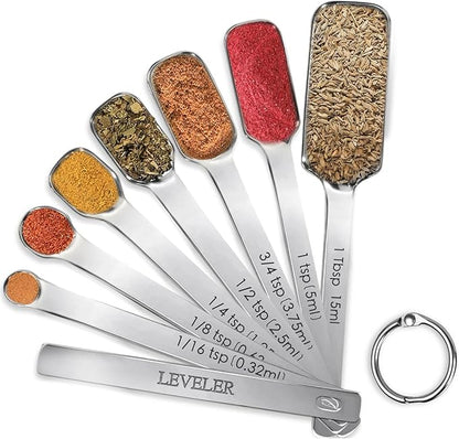 Stainless Steel Measuring Spoons Set of 8, Rectangular Metal Measuring Spoons with Leveler, Compact Spoons Design for Narrow Spice Jars, Teaspoon & Tablespoon Spoons for Dry & Liquid Ingredients by YUNNKEEY