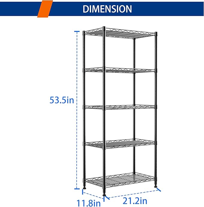 REGILLER 5-Wire Shelving Metal Storage Rack Adjustable Shelves,Standing Storage Shelf Units for Laundry Bathroom Kitchen Pantry Closet(Black,11.8" D x 21.2" W x 53.5" H) - Image 3