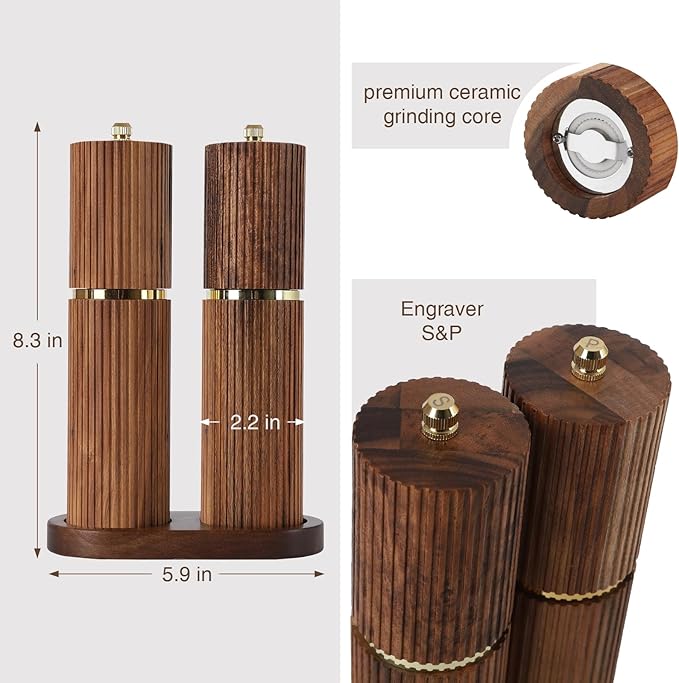 Wooden Salt and Pepper Grinder Set, Refillable Salt and Pepper grinder with adjustable Coarseness, Acacia Wood pepper mill manual, Salt and Pepper Shakers Matching Wooden tray-Ideal for Gifting - Image 2