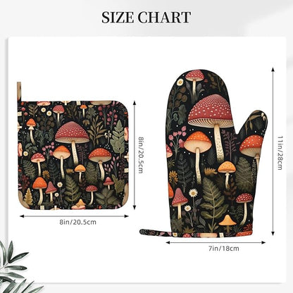 Oven Mitts and Pot Holders Mushroom Botanical Leaf Vintage Silicone Kitchen Accessories Set of 4 Heat Resistant Long Gloves Potholder Non-Slip Grip for Chef Cooking Baking Grilling BBQ