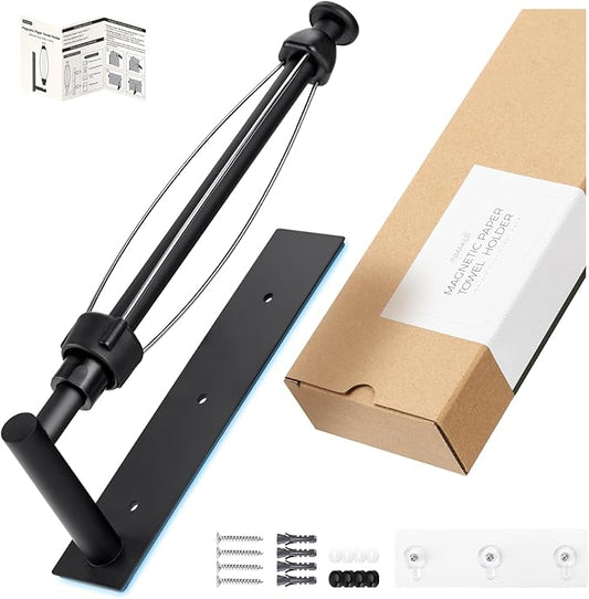 INMAKER Magnetic Paper Towel Holder, Strong Magnet Paper Towel Holder for Fridge, Kitchen, RV, Garage, Grill with Self Adhesive Wall Mount and Screws, One Hand Tear with Adjustable Damping (Black)