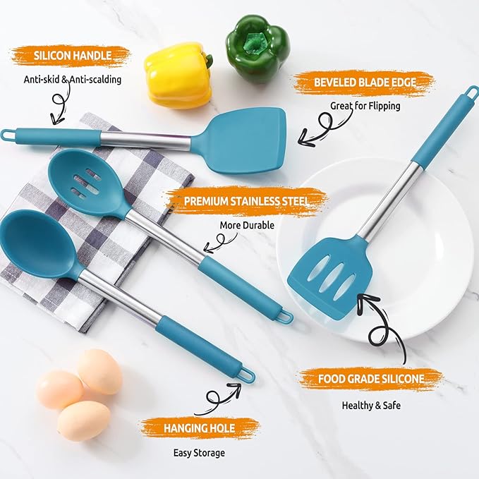 Cooking Utensils Set of 4, E-far Silicone Kitchen Utensils for Non-stick Cookware, Heat Resistant & Non-toxic Slotted Spatula Solid Spoon Turner for Flipping Mixing Serving Basting(Teal Blue) - Image 4