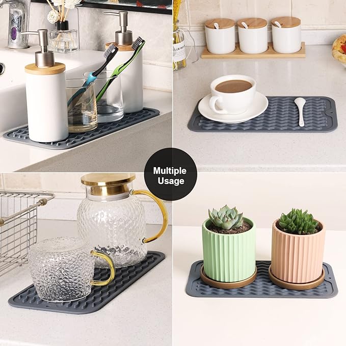 ZLR 2 Pcs Silicone Sponge Holder & Sink Caddy Tray (6" x 12") - Narrow Dish Drying Mat for Kitchen Counter - Waterproof Soap Dispenser Organizer, Non-Slip Bathroom Vanity Tray (Dark Gray) - Image 7