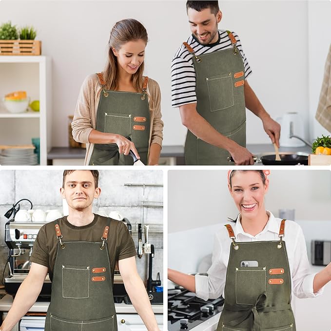 OUNLEN Chef Apron for Men Women Canvas Aprons with 3 Pockets Cross Back Resistant Work Apron for Cooking - Image 6