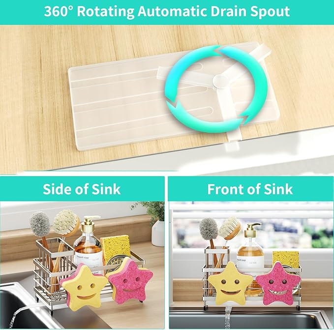 HapiRm Sink Caddy Sponge Holder - Self-draining Kitchen Sink Organizer with Smiley Face and Brush Holder, Stainless Steel Kitchen Sponge Caddy for Countertop - Brushed Nickel - Image 3
