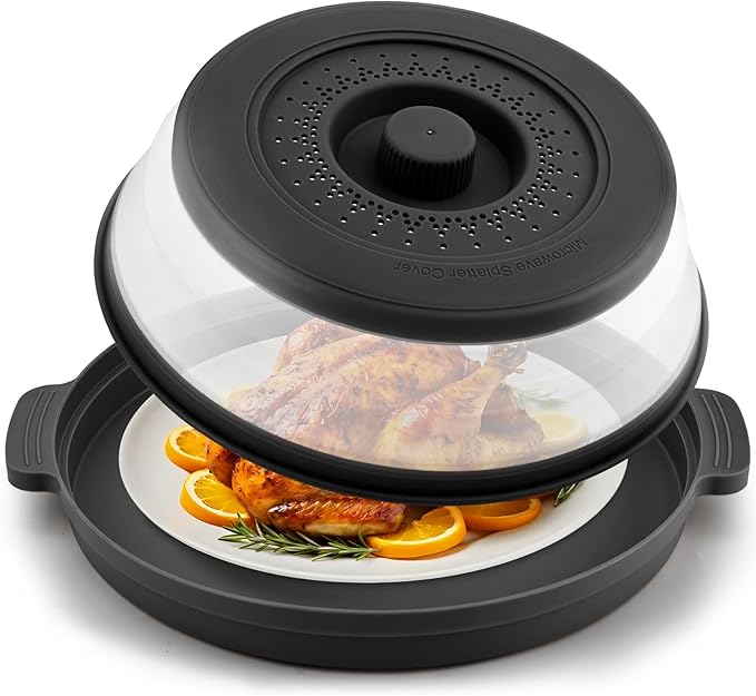 Microwave Splatter Cover for Food with Anti-scald Base Plate,Large Plastic & Silicone Vented Avoid Scalding Collapsible Guard Lid,Kitchen Essential Gadgets for Meal Prep-10.7 Inch (Black) by Unknown