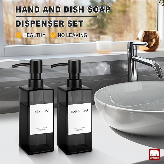 GMISUN Black Glass Soap Dispenser, Hand Soap Dispenser with Stainless Steel Pump for Bathroom, 12 fl oz/350ml Refillable Dish Dispensers for Kitchen, Modern Liquid Lotion Bottles for Countertop - Image 5
