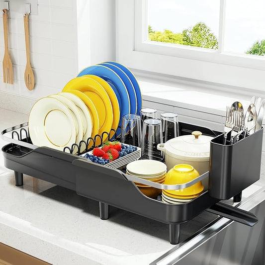 Urackify Expandable Dish Rack for Kitchen Counter,16.14"-23.62" Large Stainless Steel Dish Drying Rack with Adjustable Water Spout, Space Saving Dish Drainer with Auto Draining Cutlery Holder,Black by Urackify
