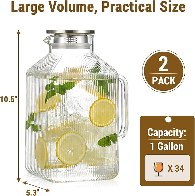 2 Pack 1 Gallon thickened Square Glass Pitcher with Lid, Classic Stripes Water Pitchers for Fridge, Borosilicate Glass Carafe for Hot/Cold Brew Drink, Extra Large Jug with Handle for Iced Tea, Coffee - Image 3