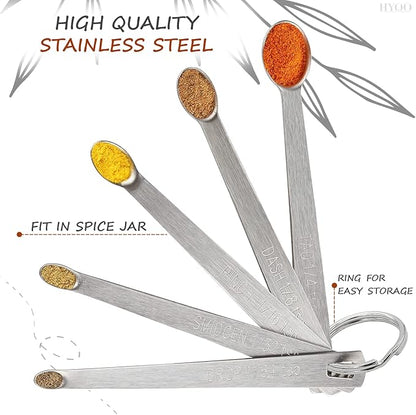 5 Pcs Mini Measuring Spoons Set - Stackable Design, 1/4, 1/8, 1/16, 1/32, 1/64 TSP Sizes, Flat Handle Metal Measuring Spoons Made of Durable Stainless Steel for Cooking, Baking & Small Kitchen Tasks